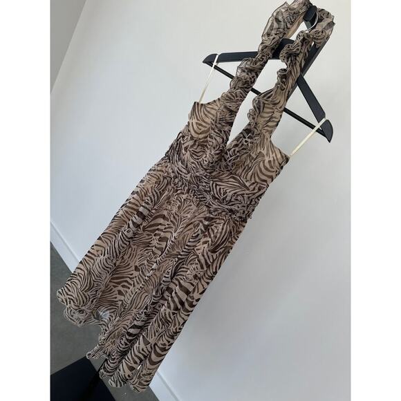 Miss Cherry Halterneck Zebra Print Ruffled Brown & Cream Midi Dress Size 12 - Picture 1 of 9